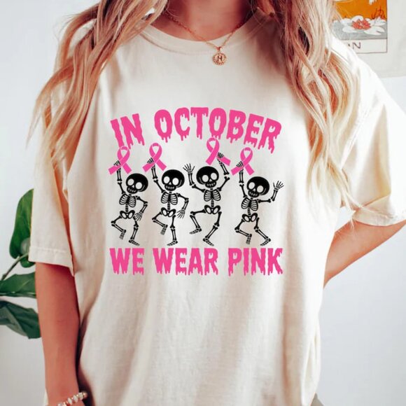 Dancing Skeleton Shirt, We Wear Pink Breast Cancer Awareness Skeleton Shirt - Picture 1 of 4